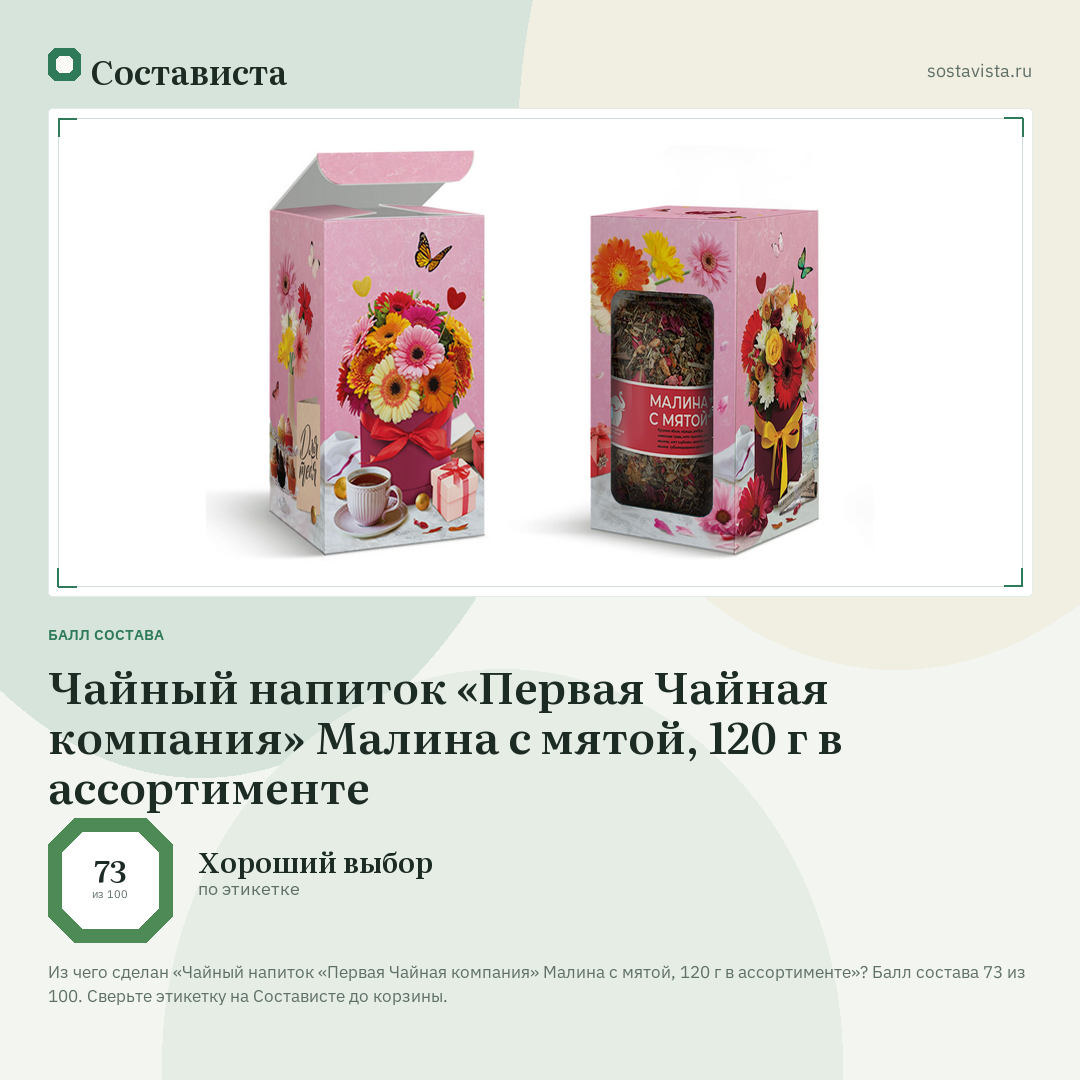 Чайный напиток «Первая Чайная компания» Малина с мятой, 120 г в ассортименте: балл состава 73 из 100 — Состависта