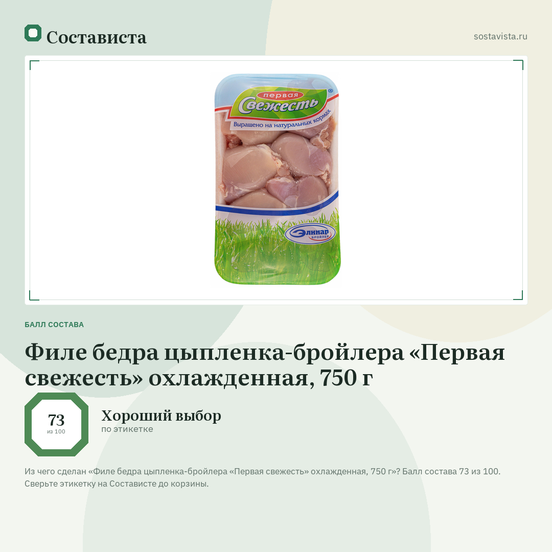 Филе бедра цыпленка-бройлера «Первая свежесть» охлажденная, 750 г: балл состава 73 из 100 — Состависта