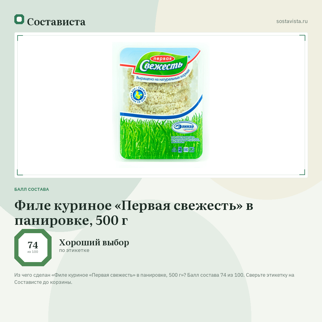 Филе куриное «Первая свежесть» в панировке, 500 г: балл состава 74 из 100 — Состависта