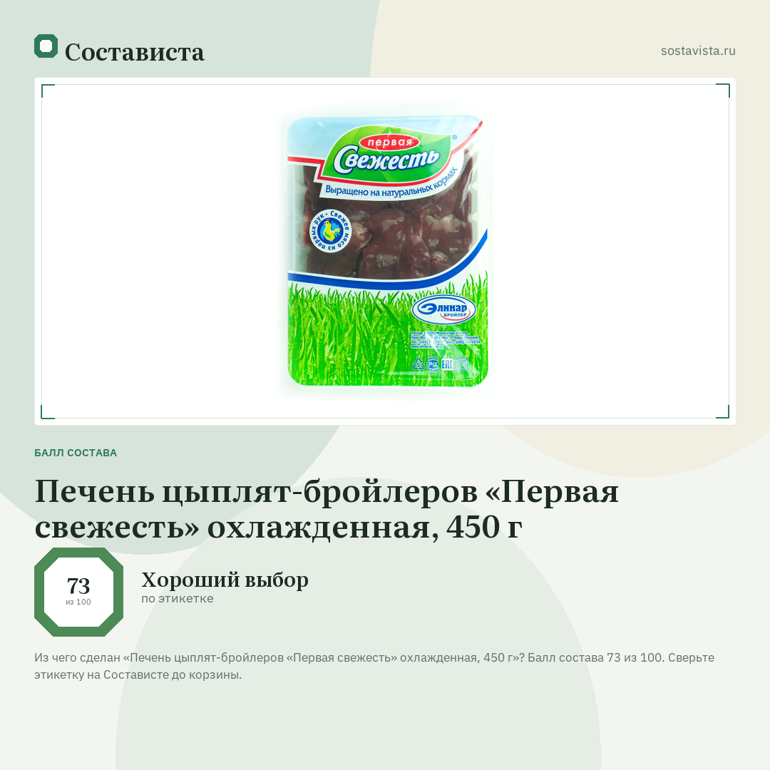 Печень цыплят-бройлеров «Первая свежесть» охлажденная, 450 г: балл состава 73 из 100 — Состависта