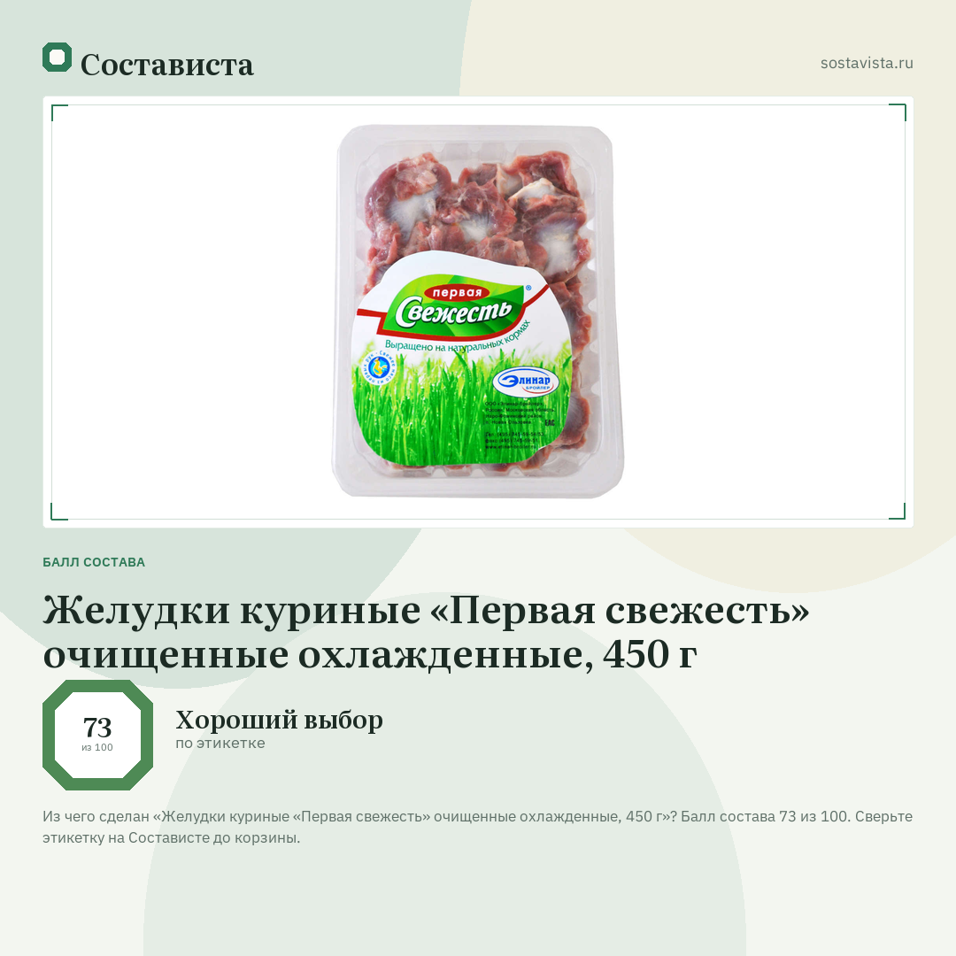 Желудки куриные «Первая свежесть» очищенные охлажденные, 450 г: балл состава 73 из 100 — Состависта