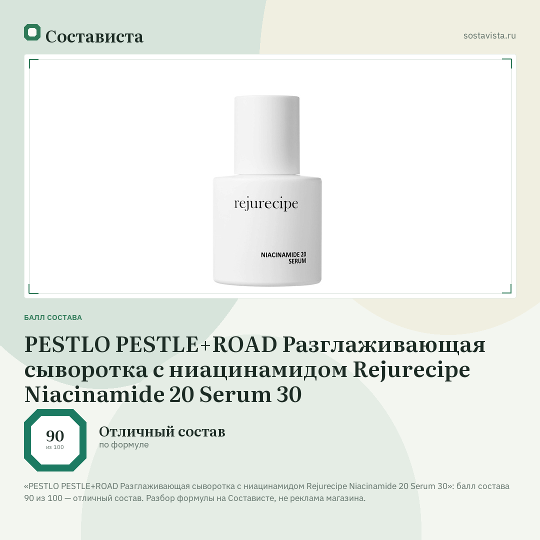 PESTLO PESTLE+ROAD Разглаживающая сыворотка с ниацинамидом Rejurecipe Niacinamide 20 Serum 30: балл состава 90 из 100 — Состависта