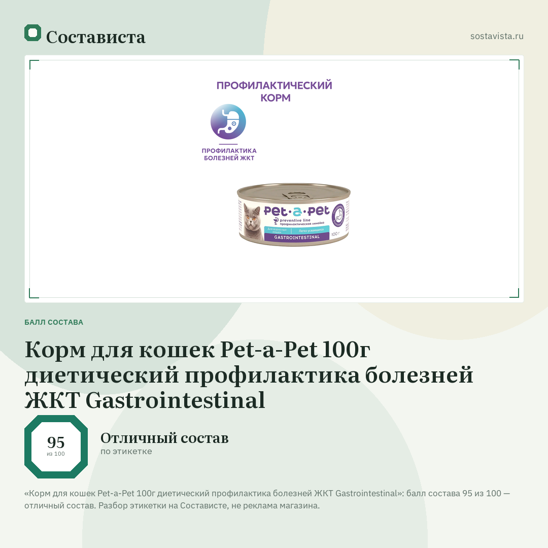 Корм для кошек Pet-a-Pet 100г диетический профилактика болезней ЖКТ Gastrointestinal: балл состава 95 из 100 — Состависта