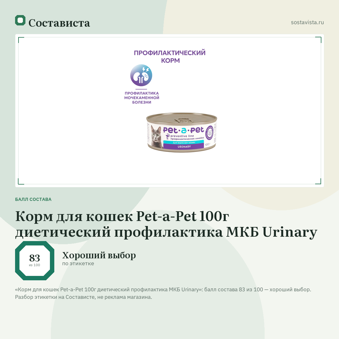 Корм для кошек Pet-a-Pet 100г диетический профилактика МКБ Urinary: балл состава 83 из 100 — Состависта