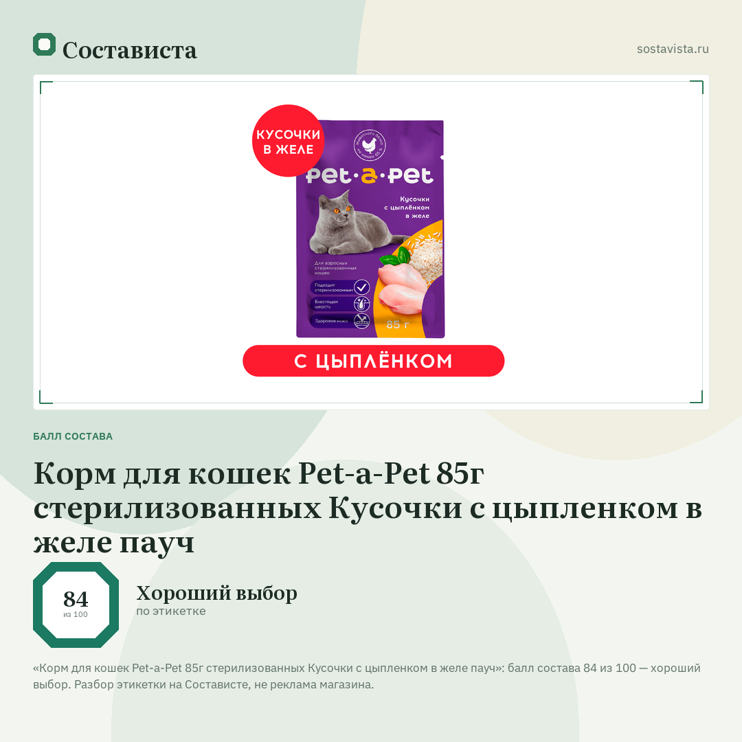 Корм для кошек Pet-a-Pet 85г стерилизованных Кусочки с цыпленком в желе пауч: балл состава 84 из 100 — Состависта