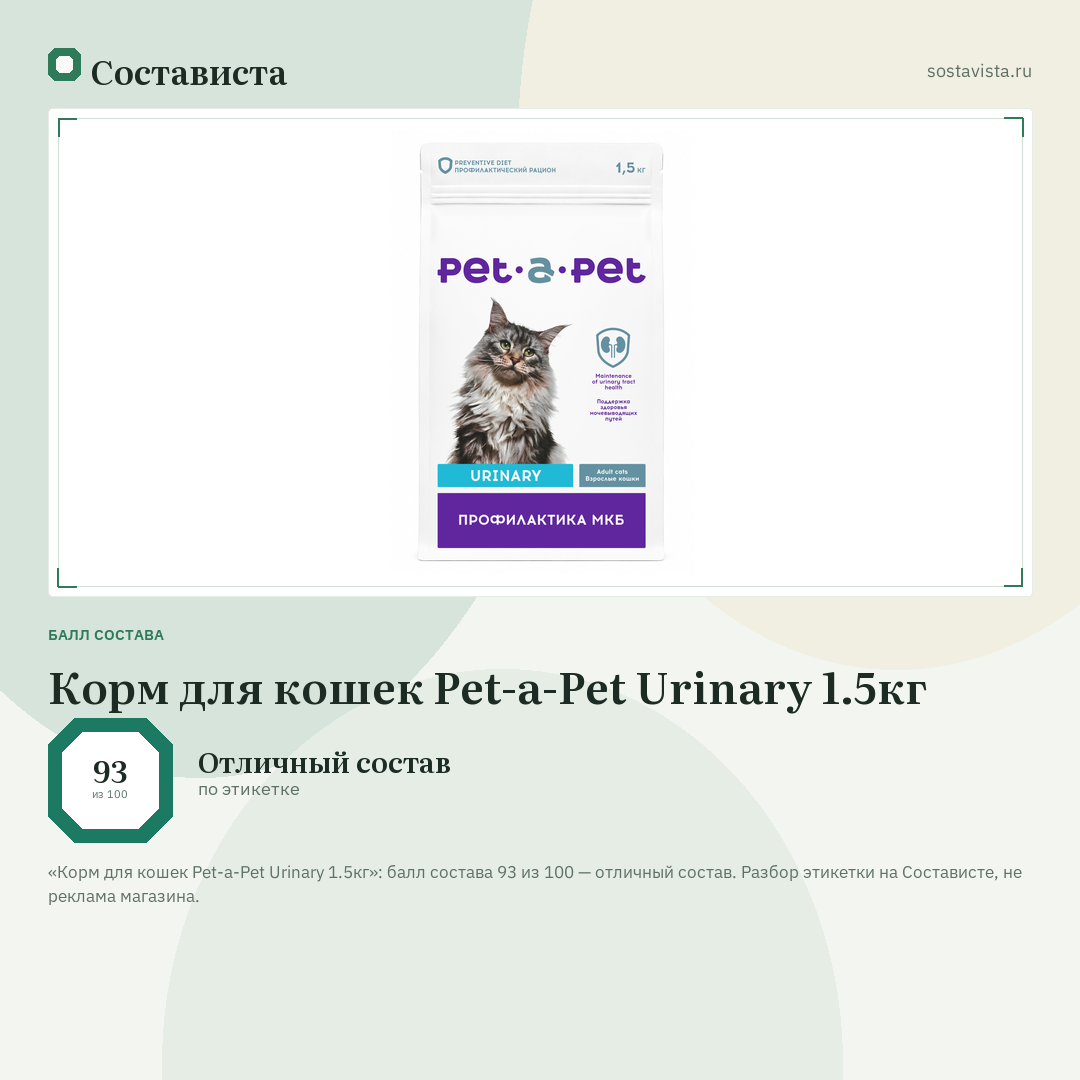 Корм для кошек Pet-a-Pet Urinary 1.5кг: балл состава 93 из 100 — Состависта