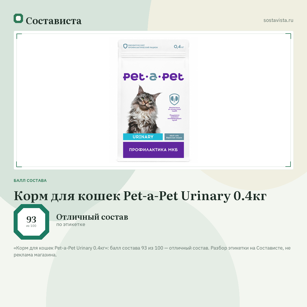Корм для кошек Pet-a-Pet Urinary 0.4кг: балл состава 93 из 100 — Состависта