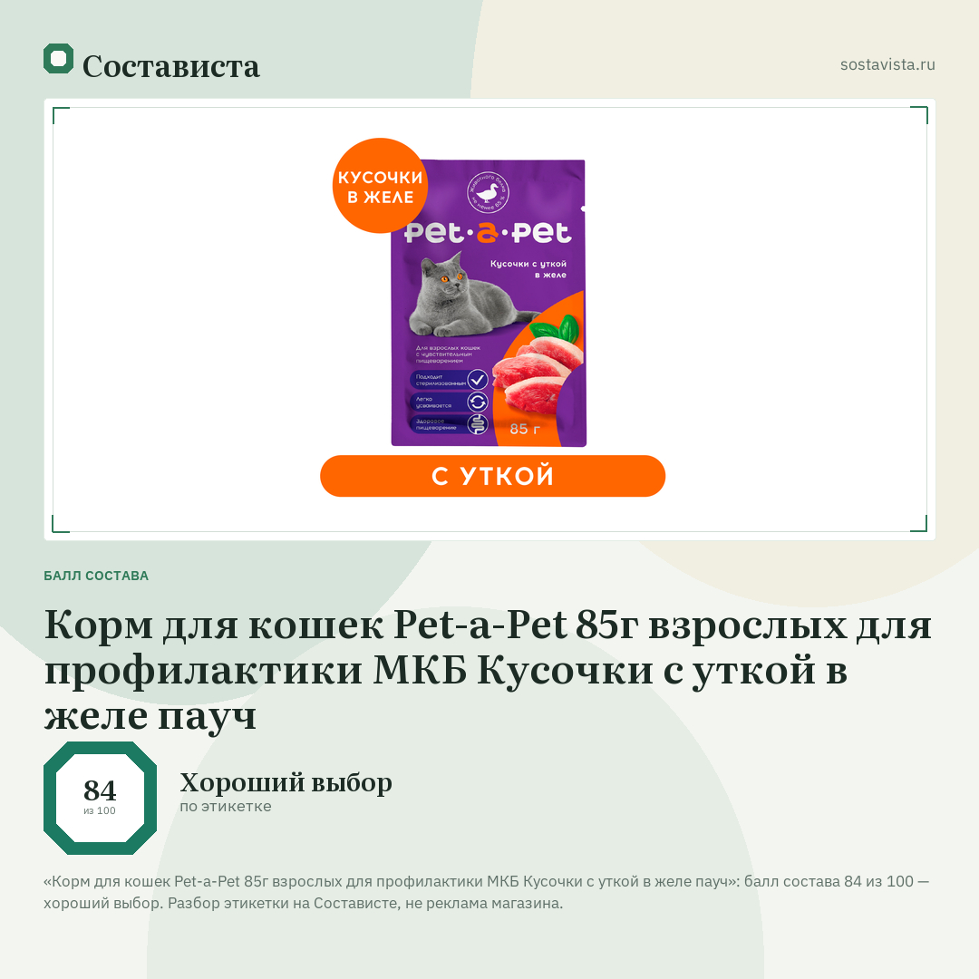 Корм для кошек Pet-a-Pet 85г взрослых для профилактики МКБ Кусочки с уткой в желе пауч: балл состава 84 из 100 — Состависта