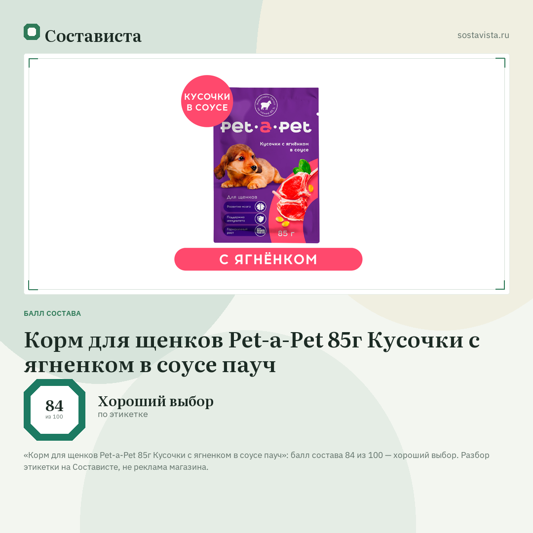 Корм для щенков Pet-a-Pet 85г Кусочки с ягненком в соусе пауч: балл состава 84 из 100 — Состависта