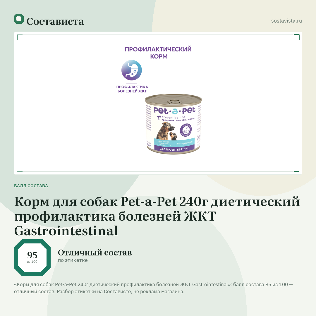 Корм для собак Pet-a-Pet 240г диетический профилактика болезней ЖКТ Gastrointestinal: балл состава 95 из 100 — Состависта