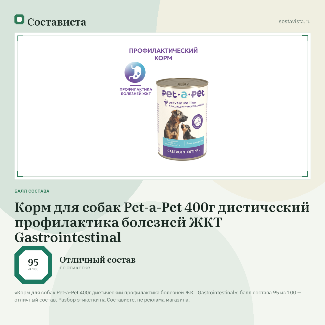 Корм для собак Pet-a-Pet 400г диетический профилактика болезней ЖКТ Gastrointestinal: балл состава 95 из 100 — Состависта