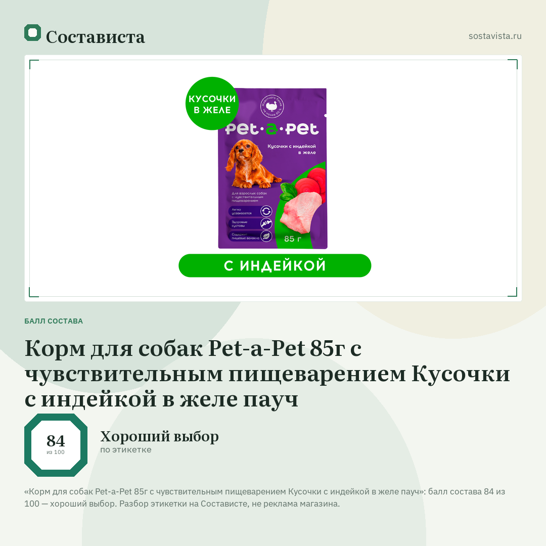 Корм для собак Pet-a-Pet 85г с чувствительным пищеварением Кусочки с индейкой в желе пауч: балл состава 84 из 100 — Состависта