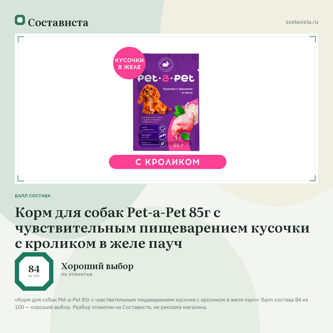 Корм для собак Pet-a-Pet 85г с чувствительным пищеварением кусочки с кроликом в желе пауч: балл состава 84 из 100 — Состависта
