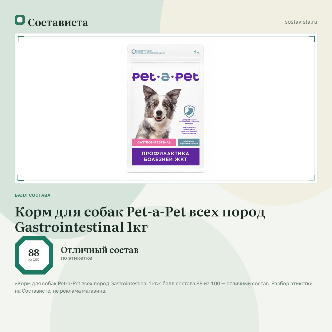Корм для собак Pet-a-Pet всех пород Gastrointestinal 1кг: балл состава 88 из 100 — Состависта