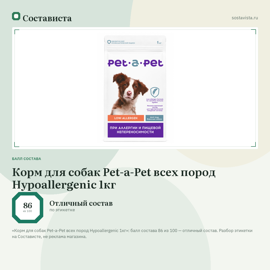 Корм для собак Pet-a-Pet всех пород Hypoallergenic 1кг: балл состава 86 из 100 — Состависта
