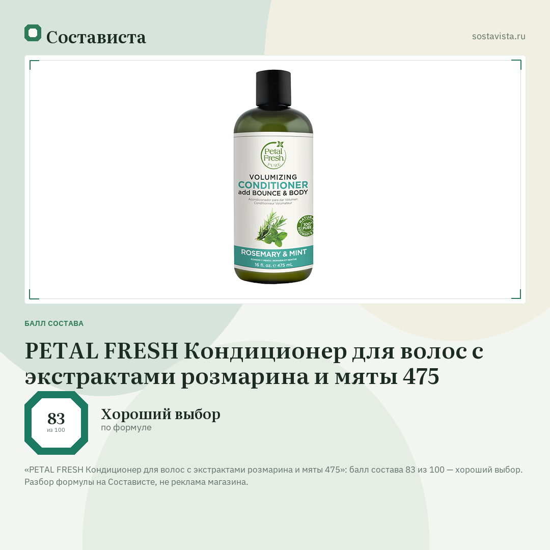 PETAL FRESH Кондиционер для волос с экстрактами розмарина и мяты 475: балл состава 83 из 100 — Состависта