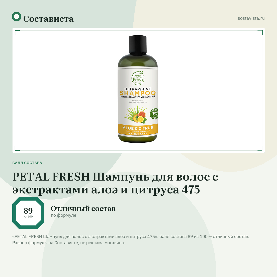 PETAL FRESH Шампунь для волос с экстрактами алоэ и цитруса 475: балл состава 89 из 100 — Состависта