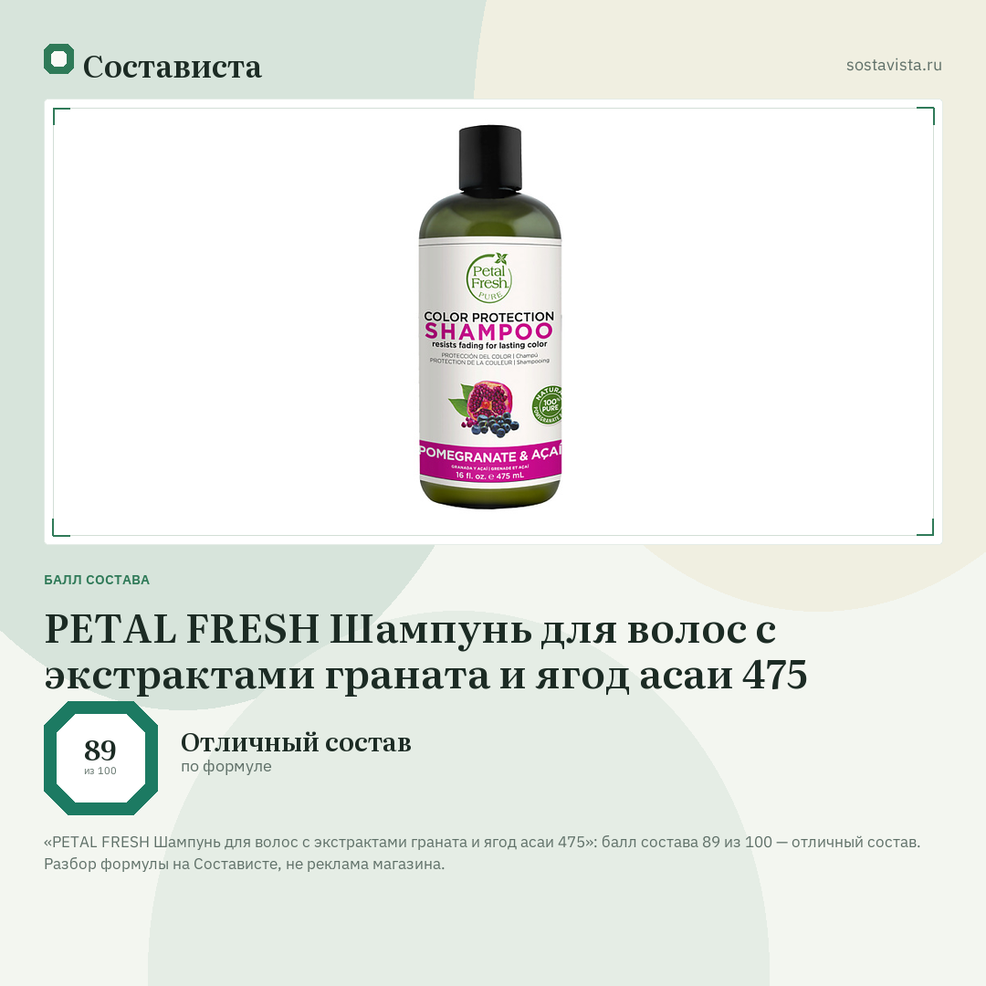 PETAL FRESH Шампунь для волос с экстрактами граната и ягод асаи 475: балл состава 89 из 100 — Состависта