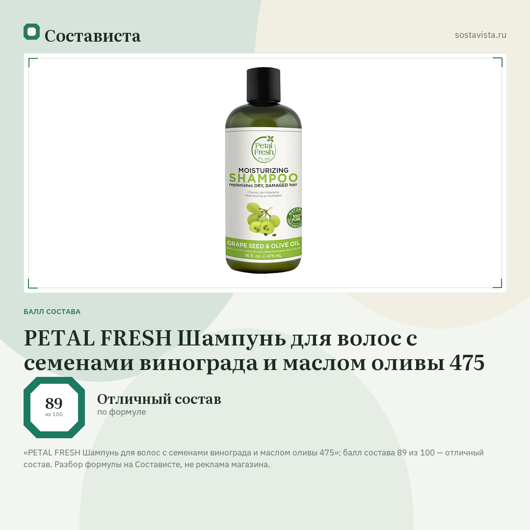 PETAL FRESH Шампунь для волос с семенами винограда и маслом оливы 475: балл состава 89 из 100 — Состависта