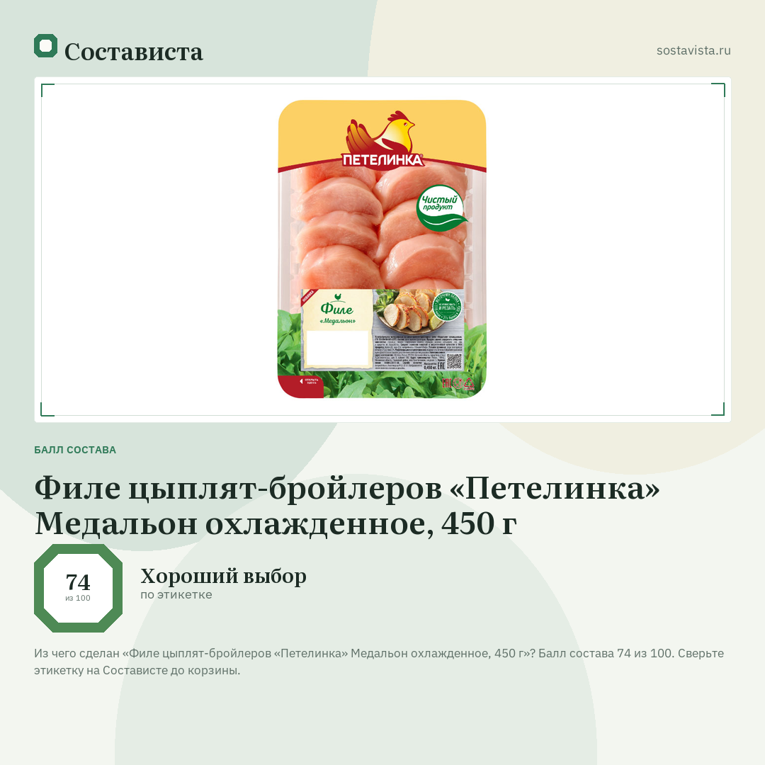 Филе цыплят-бройлеров «Петелинка» Медальон охлажденное, 450 г: балл состава 74 из 100 — Состависта