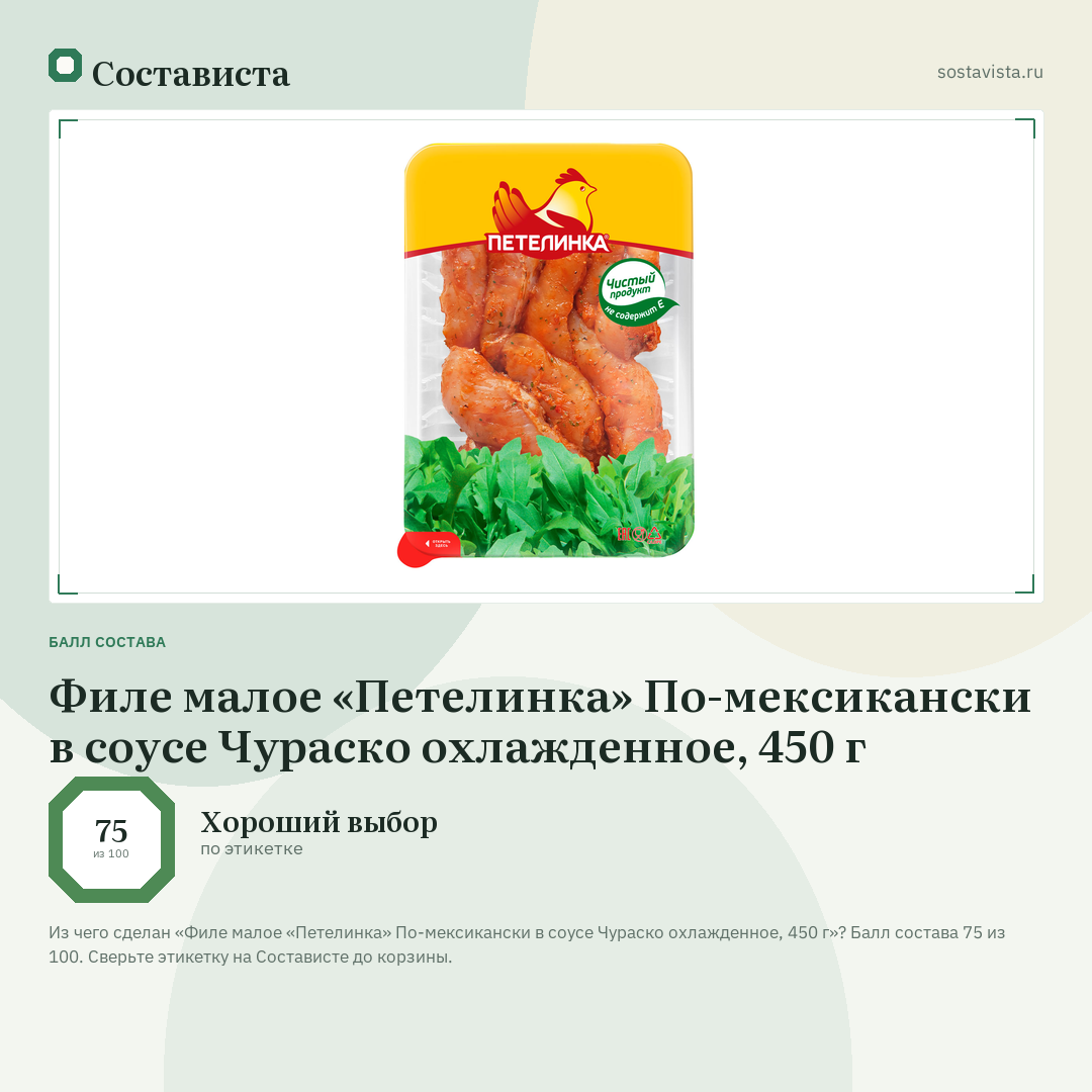 Филе малое «Петелинка» По-мексикански в соусе Чураско охлажденное, 450 г: балл состава 75 из 100 — Состависта
