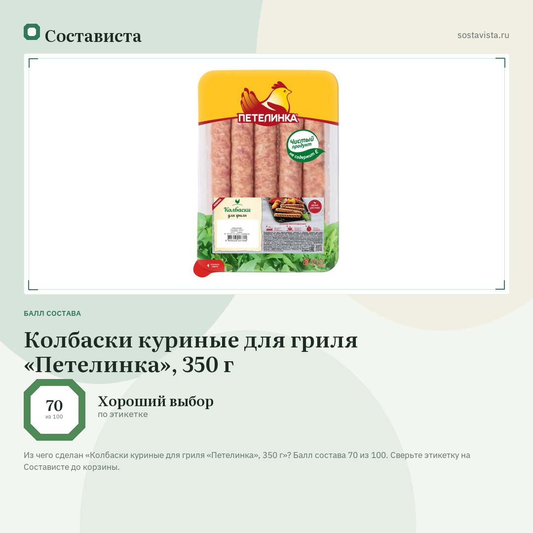 Колбаски куриные для гриля «Петелинка», 350 г: балл состава 70 из 100 — Состависта