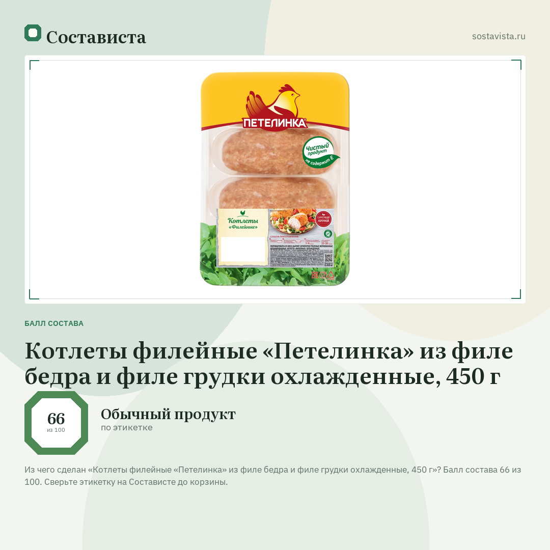 Котлеты филейные «Петелинка» из филе бедра и филе грудки охлажденные, 450 г: балл состава 66 из 100 — Состависта