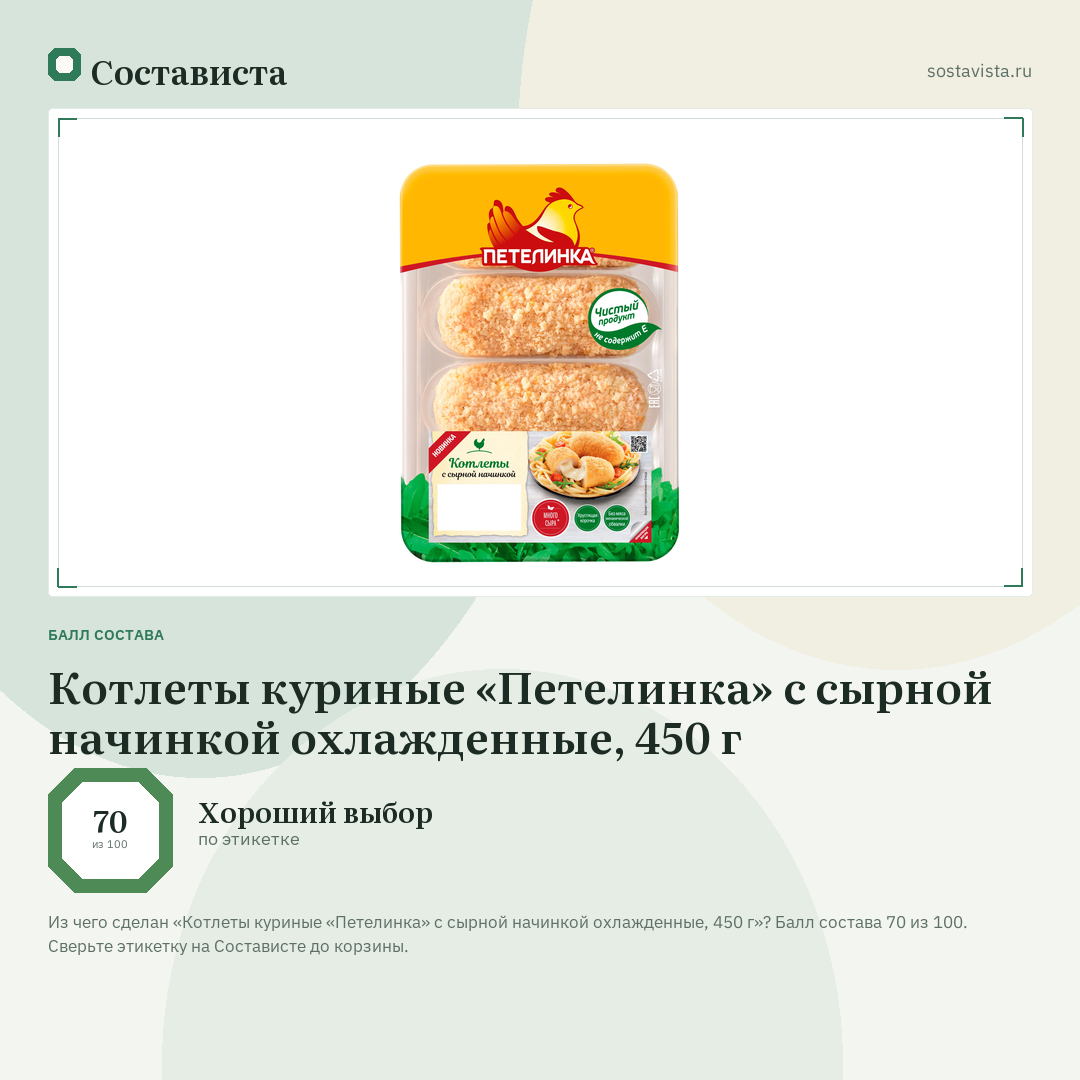 Котлеты куриные «Петелинка» с сырной начинкой охлажденные, 450 г: балл состава 70 из 100 — Состависта