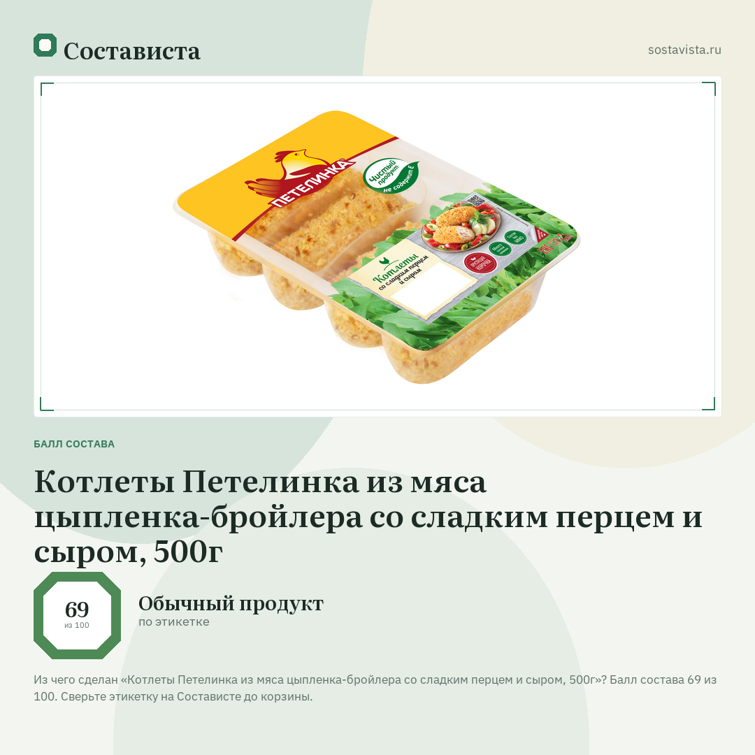 Котлеты Петелинка из мяса цыпленка-бройлера со сладким перцем и сыром, 500г: балл состава 69 из 100 — Состависта