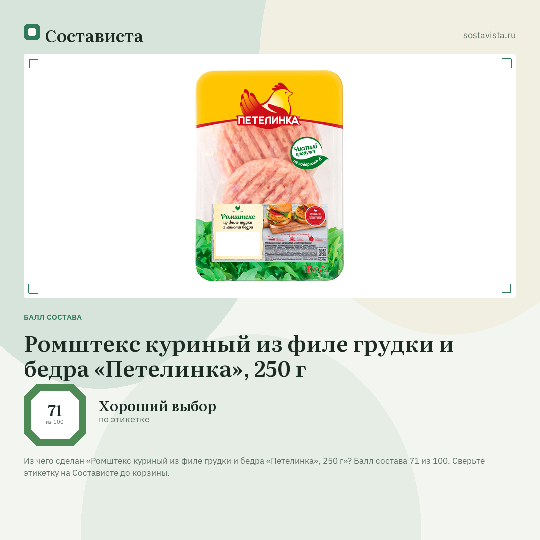 Ромштекс куриный из филе грудки и бедра «Петелинка», 250 г: балл состава 71 из 100 — Состависта