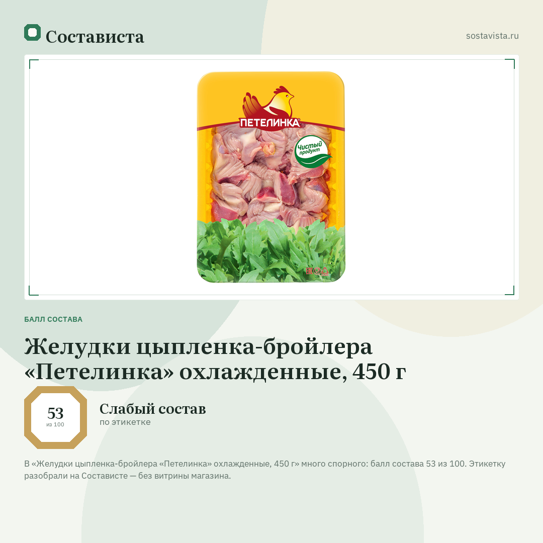 Желудки цыпленка-бройлера «Петелинка» охлажденные, 450 г: балл состава 53 из 100 — Состависта