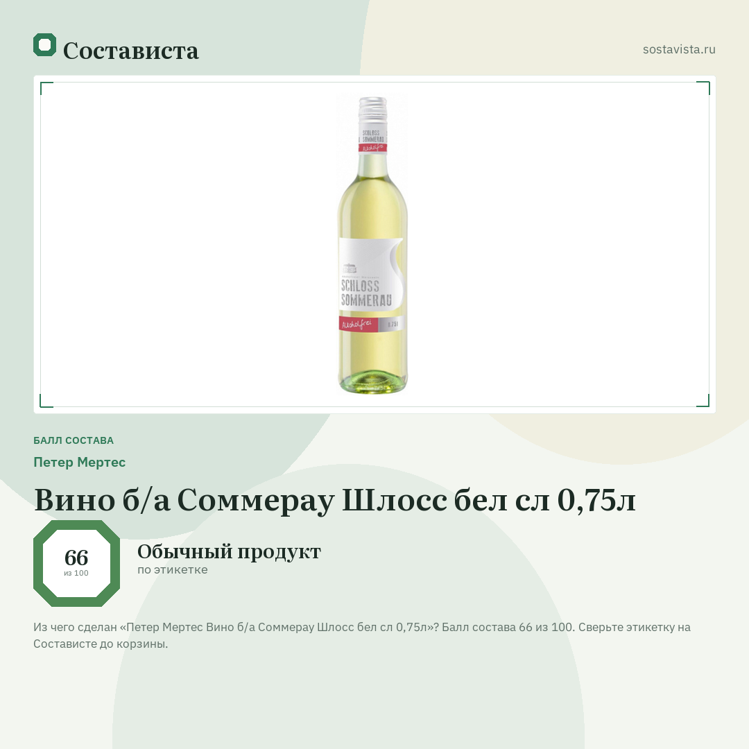 Петер Мертес Вино б/а Соммерау Шлосс бел сл 0,75л: балл состава 66 из 100 — Состависта