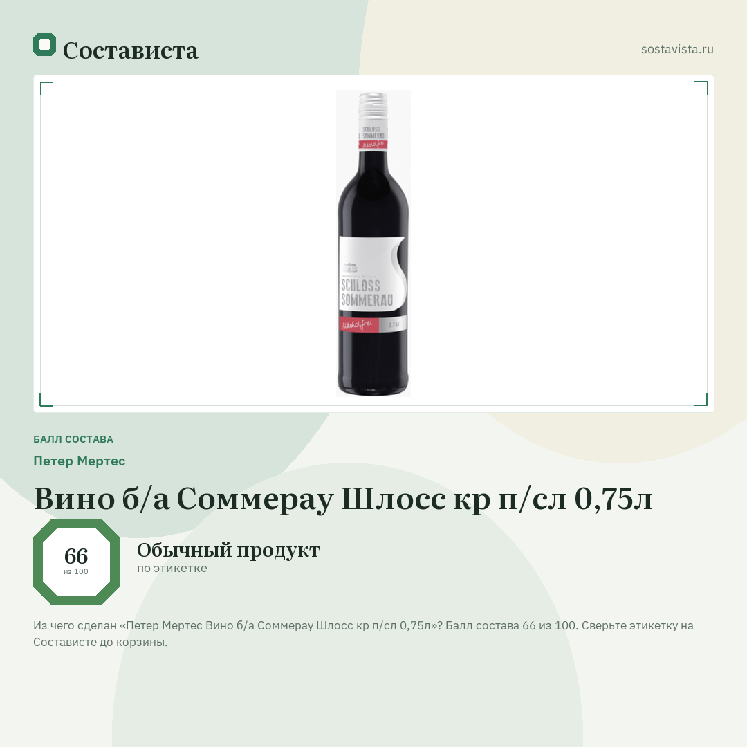 Петер Мертес Вино б/а Соммерау Шлосс кр п/сл 0,75л: балл состава 66 из 100 — Состависта