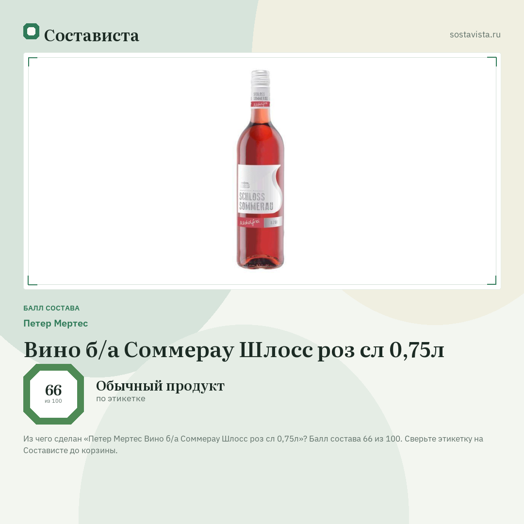 Петер Мертес Вино б/а Соммерау Шлосс роз сл 0,75л: балл состава 66 из 100 — Состависта