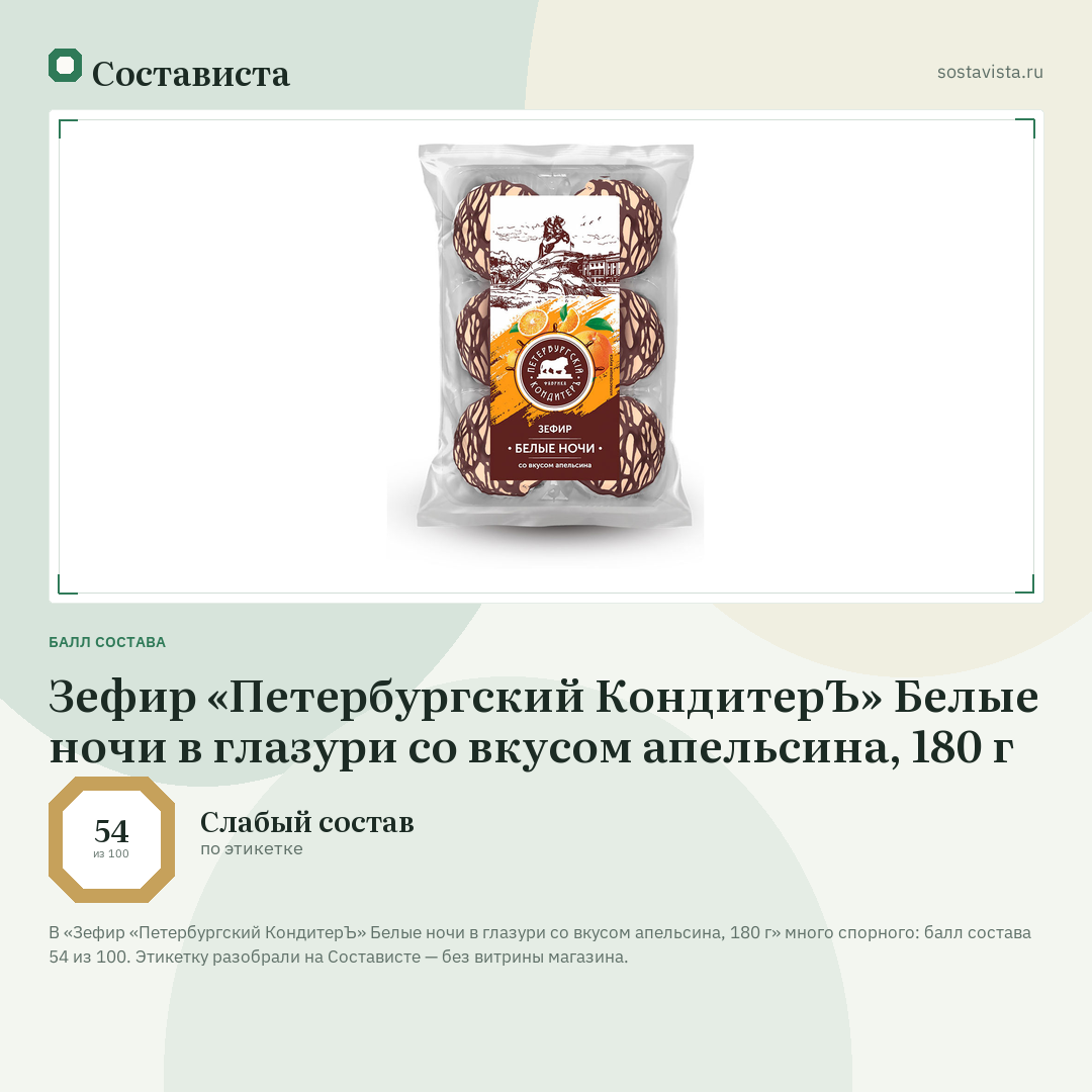 Зефир «Петербургский КондитерЪ» Белые ночи в глазури со вкусом апельсина, 180 г: балл состава 54 из 100 — Состависта