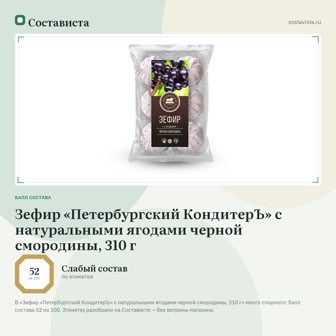 Зефир «Петербургский КондитерЪ» с натуральными ягодами черной смородины, 310 г: балл состава 52 из 100 — Состависта