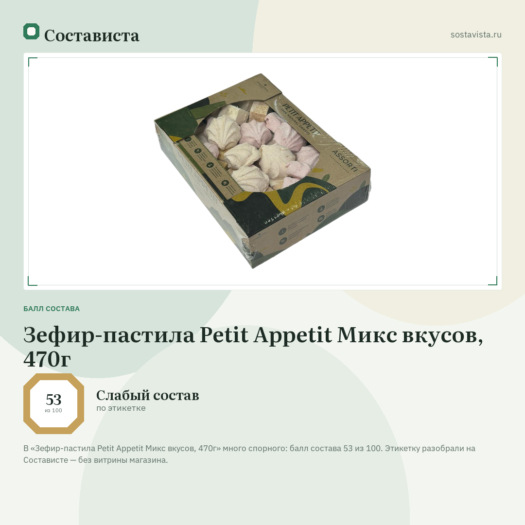 Зефир-пастила Petit Appetit Микс вкусов, 470г: балл состава 53 из 100 — Состависта