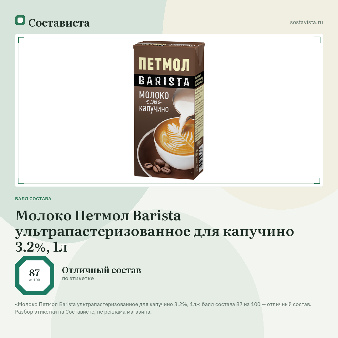 Молоко Петмол Barista ультрапастеризованное для капучино 3.2%, 1л: балл состава 87 из 100 — Состависта