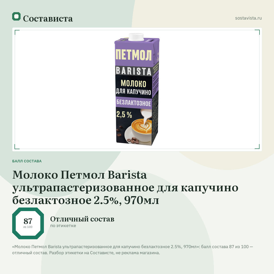 Молоко Петмол Barista ультрапастеризованное для капучино безлактозное 2.5%, 970мл: балл состава 87 из 100 — Состависта