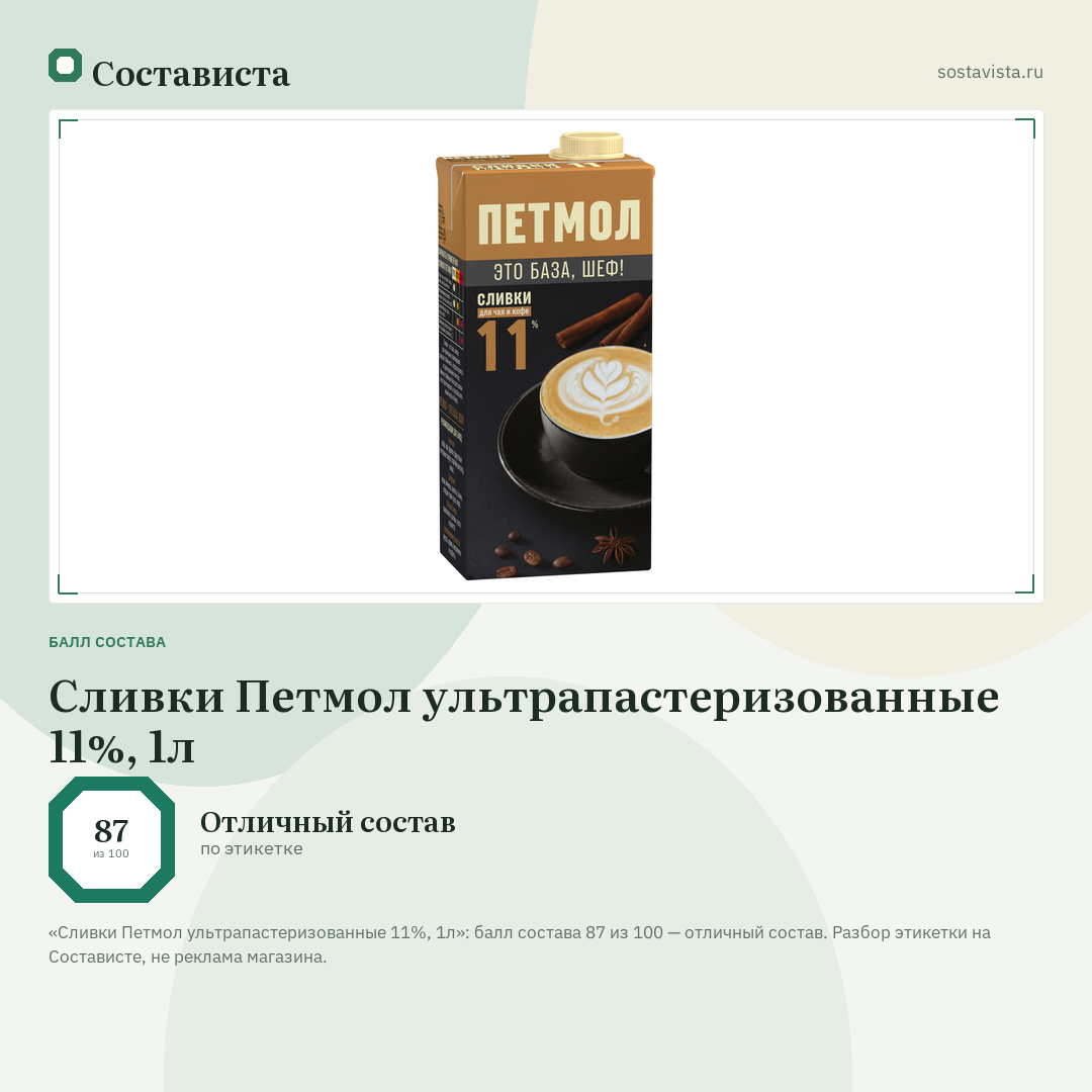 Сливки Петмол ультрапастеризованные 11%, 1л: балл состава 87 из 100 — Состависта