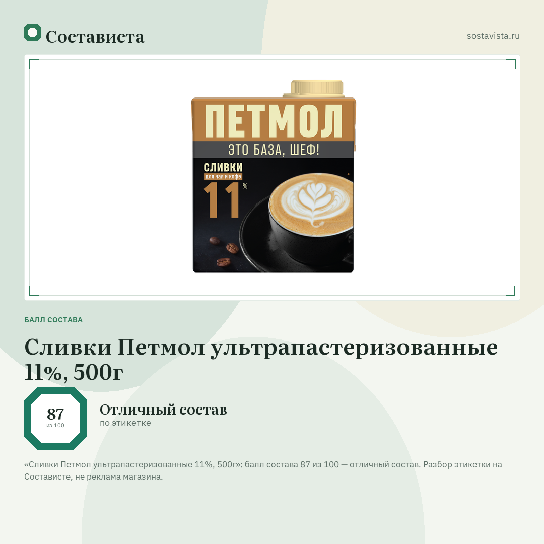 Сливки Петмол ультрапастеризованные 11%, 500г: балл состава 87 из 100 — Состависта