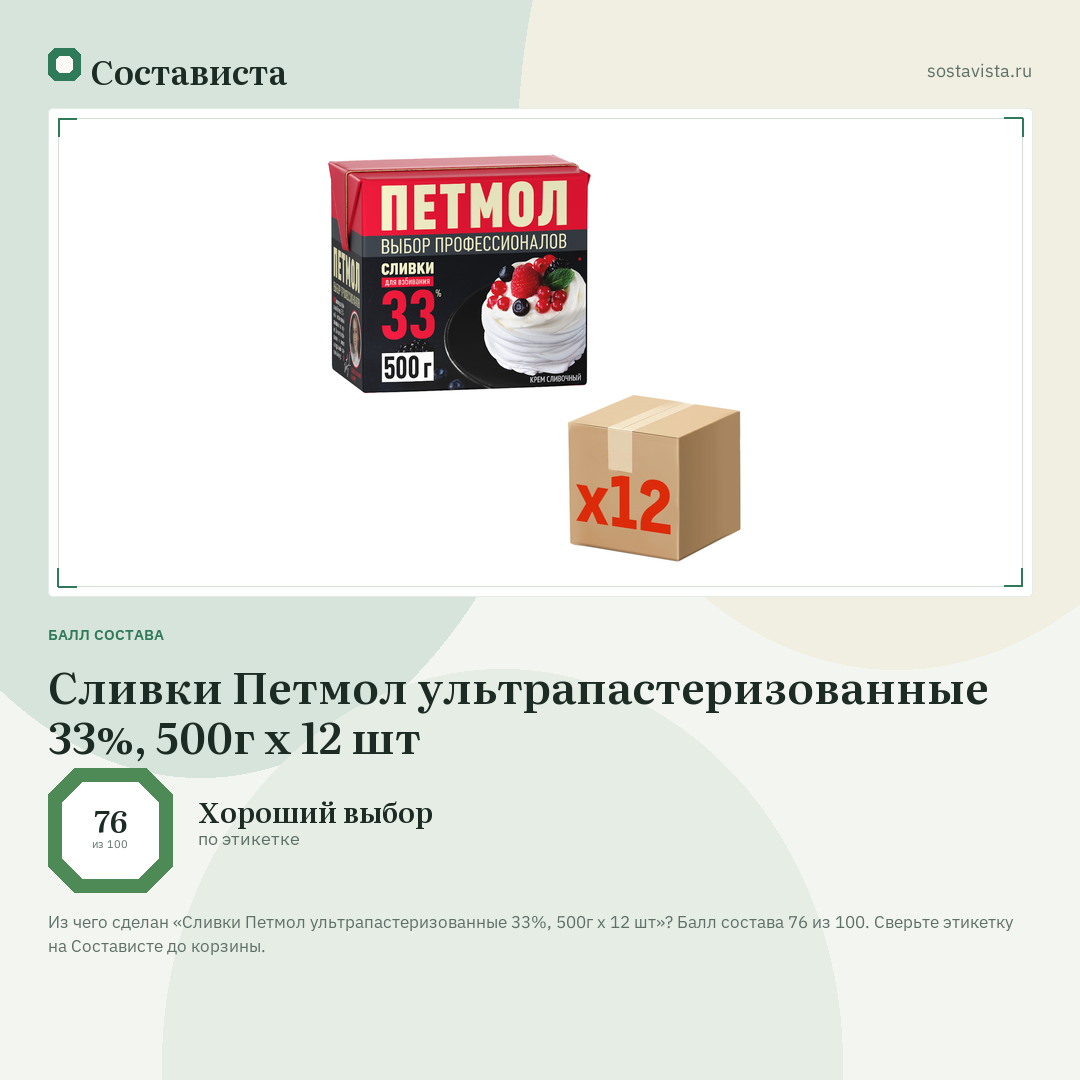 Сливки Петмол ультрапастеризованные 33%, 500г x 12 шт: балл состава 76 из 100 — Состависта