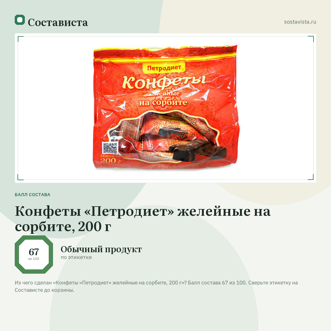 Конфеты «Петродиет» желейные на сорбите, 200 г: балл состава 67 из 100 — Состависта
