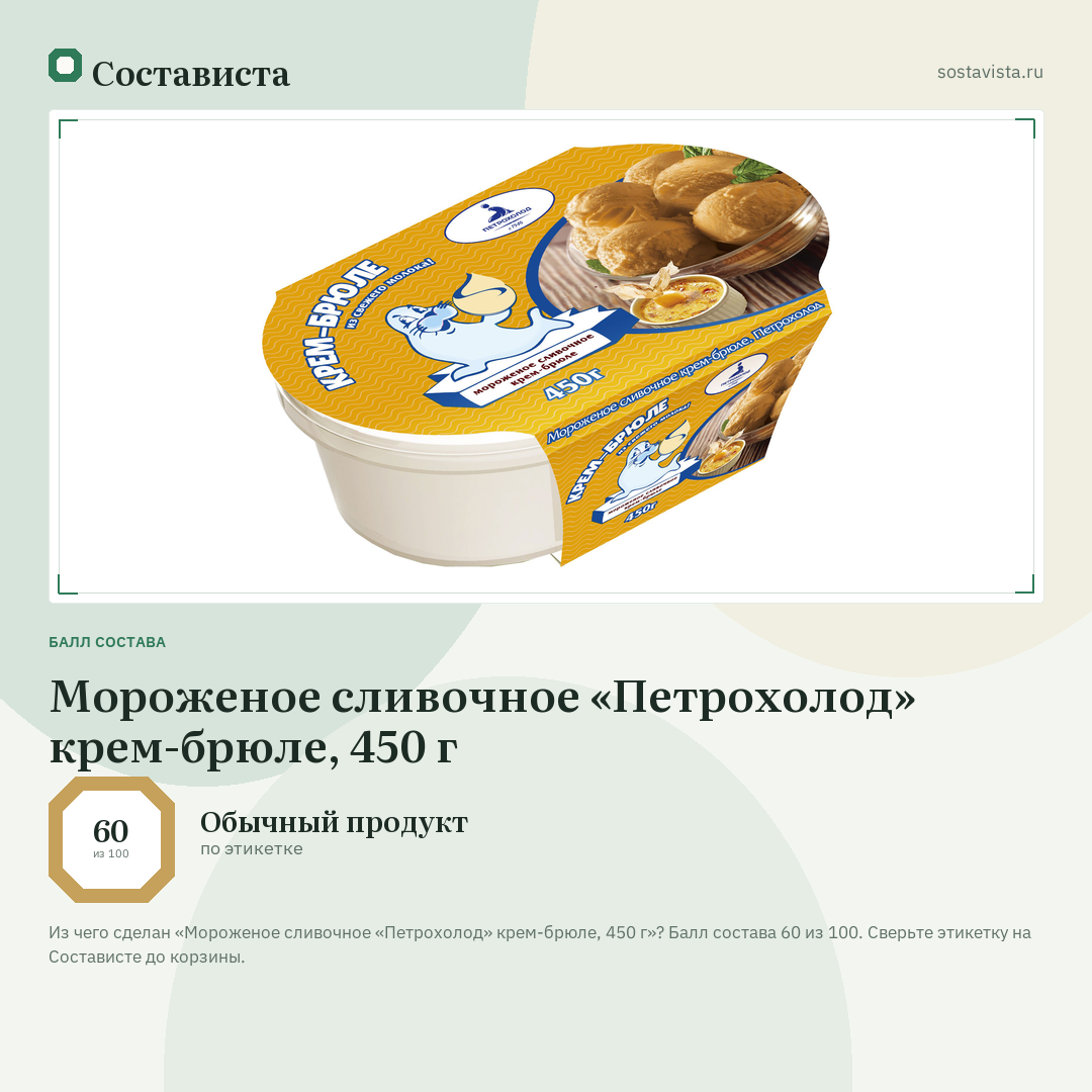Мороженое сливочное «Петрохолод» крем-брюле, 450 г: балл состава 60 из 100 — Состависта