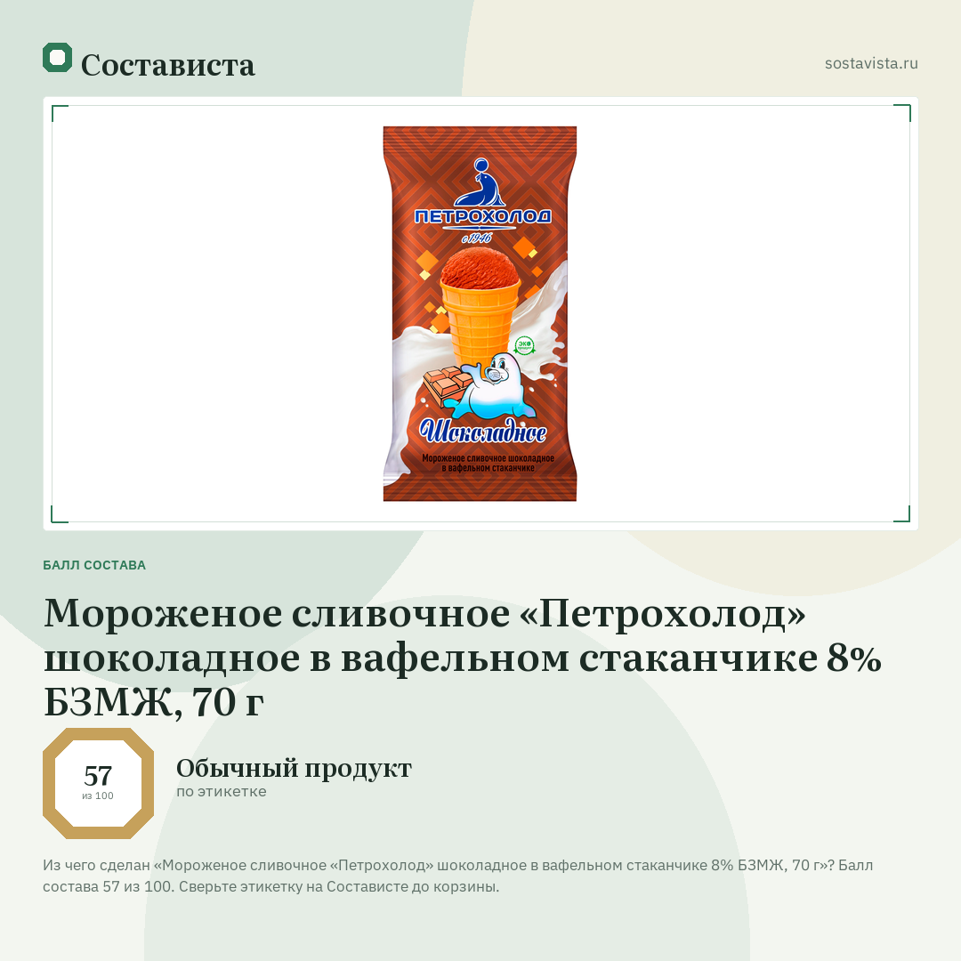 Мороженое сливочное «Петрохолод» шоколадное в вафельном стаканчике 8% БЗМЖ, 70 г: балл состава 57 из 100 — Состависта