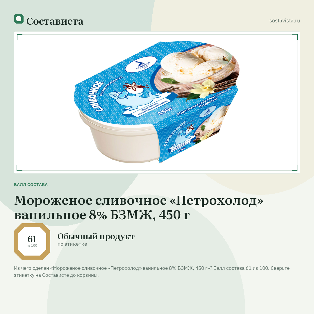 Мороженое сливочное «Петрохолод» ванильное 8% БЗМЖ, 450 г: балл состава 61 из 100 — Состависта