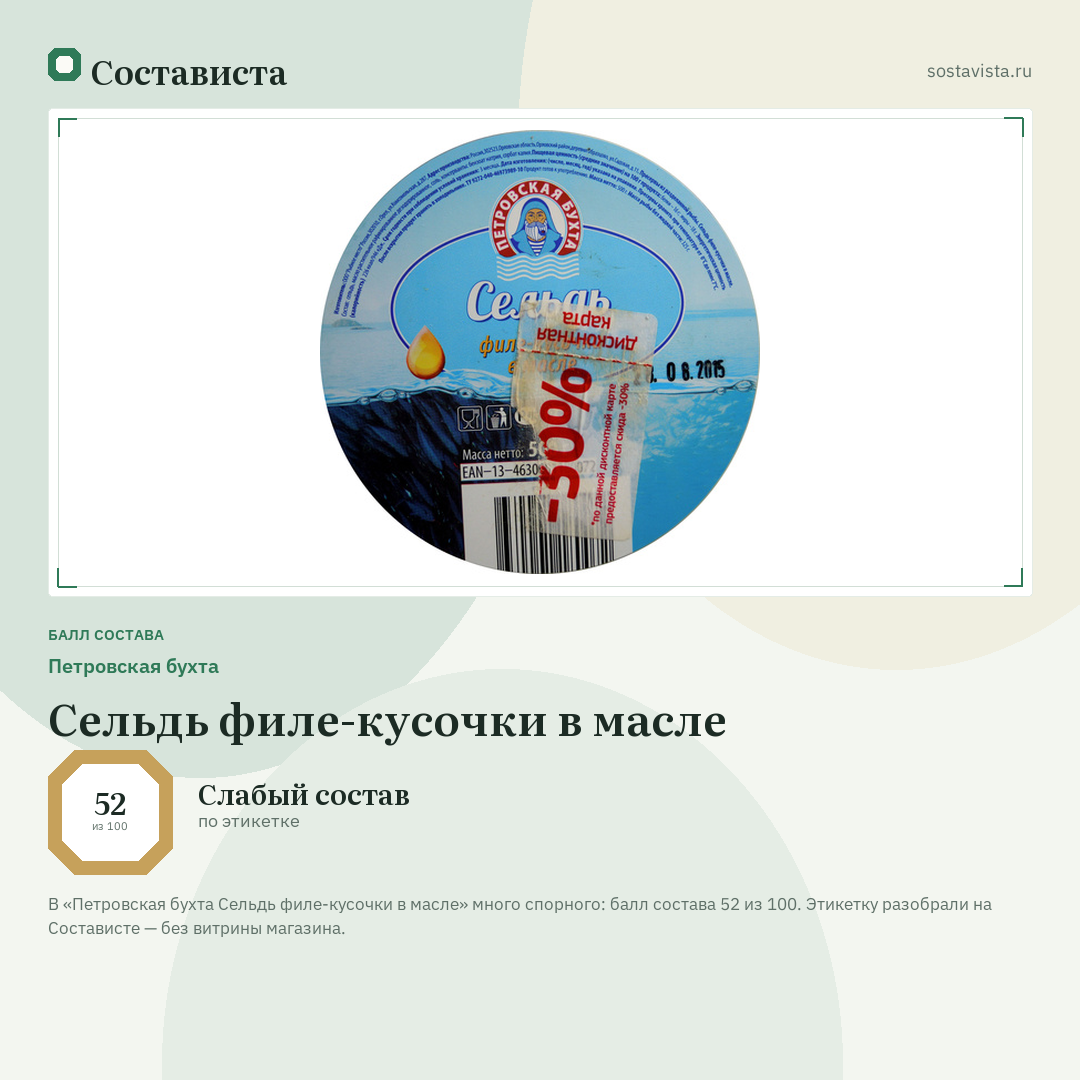 Петровская бухта Сельдь филе-кусочки в масле: балл состава 52 из 100 — Состависта