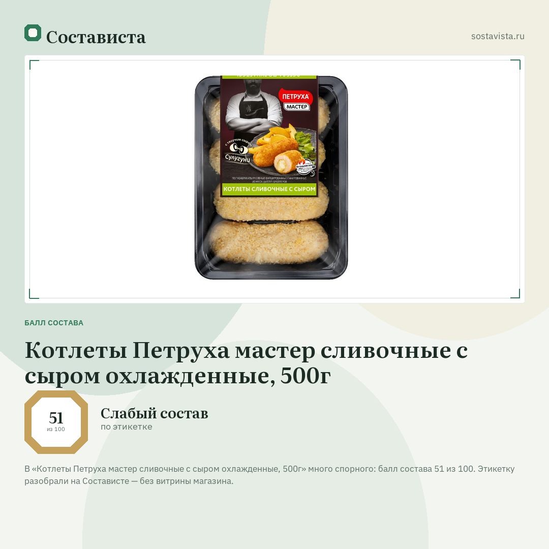 Котлеты Петруха мастер сливочные с сыром охлажденные, 500г: балл состава 51 из 100 — Состависта
