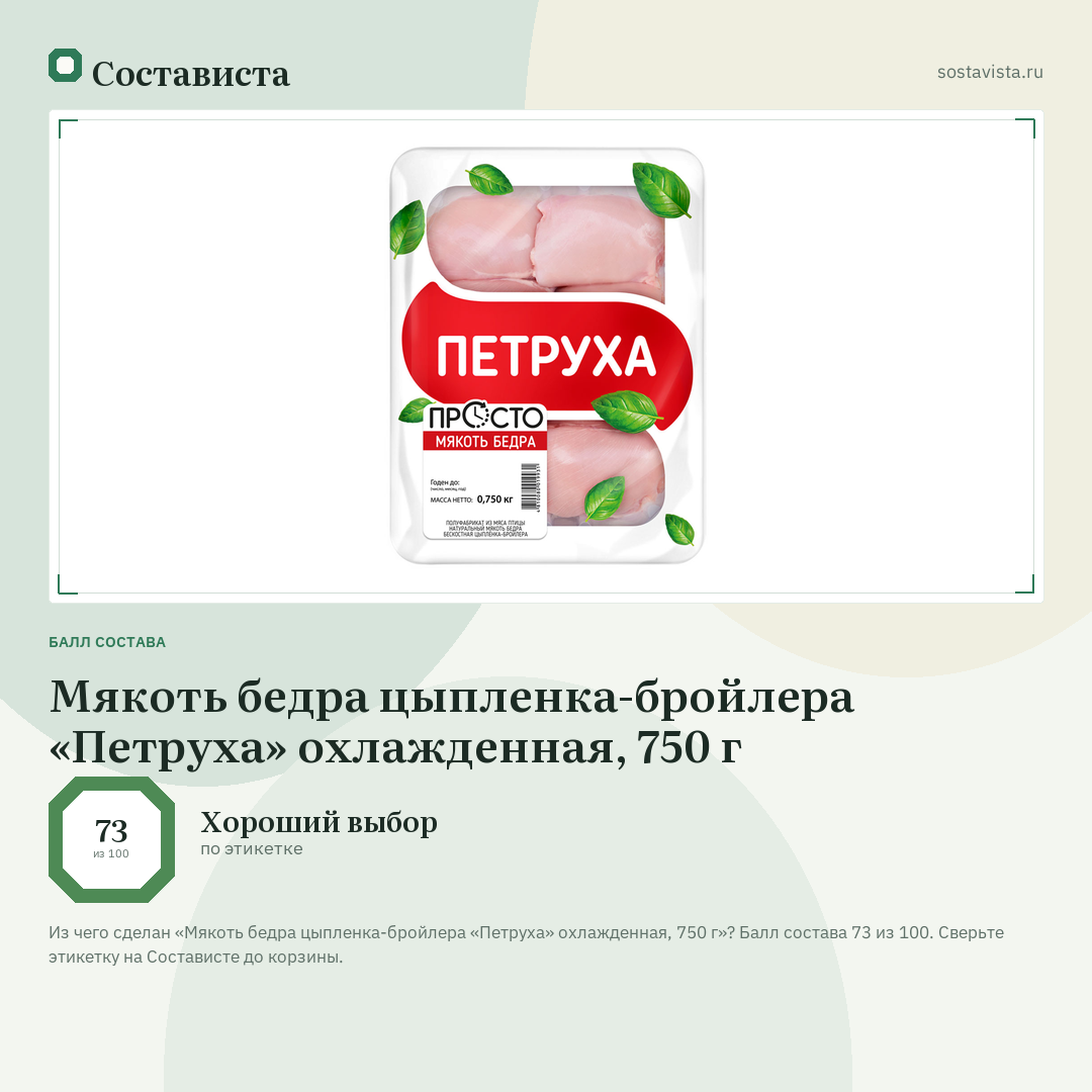Мякоть бедра цыпленка-бройлера «Петруха» охлажденная, 750 г: балл состава 73 из 100 — Состависта