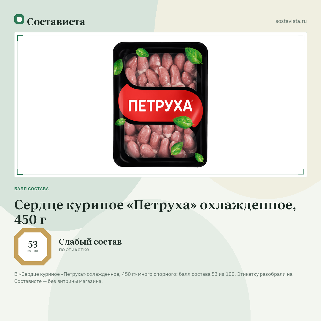 Сердце куриное «Петруха» охлажденное, 450 г: балл состава 53 из 100 — Состависта